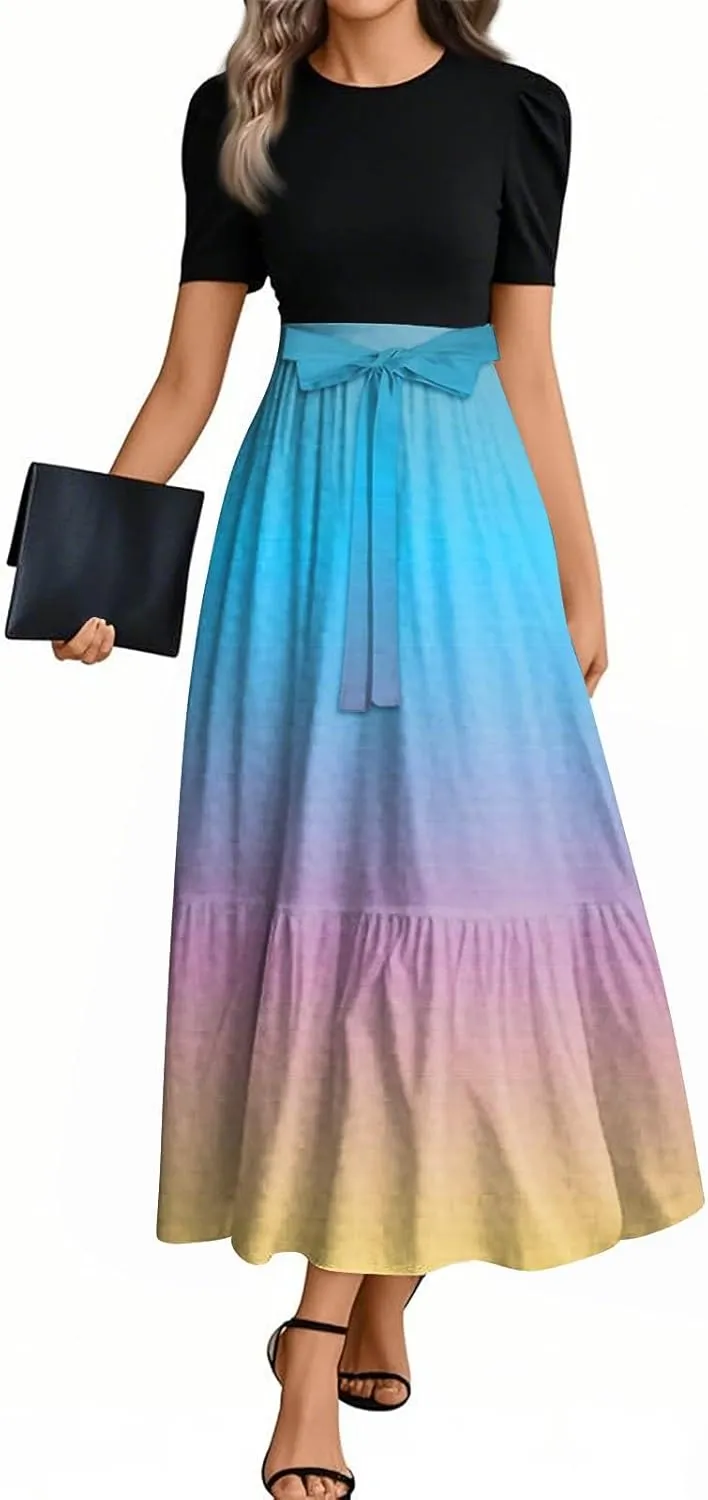 2025 Beach Womens Dresses, Maxi Gradient Trendy Jumpsuits for Women Elegant Bow Crew Neck Womens Romper
