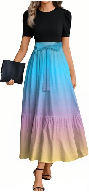 2025 Beach Womens Dresses, Maxi Gradient Trendy Jumpsuits for Women Elegant Bow Crew Neck Womens Romper