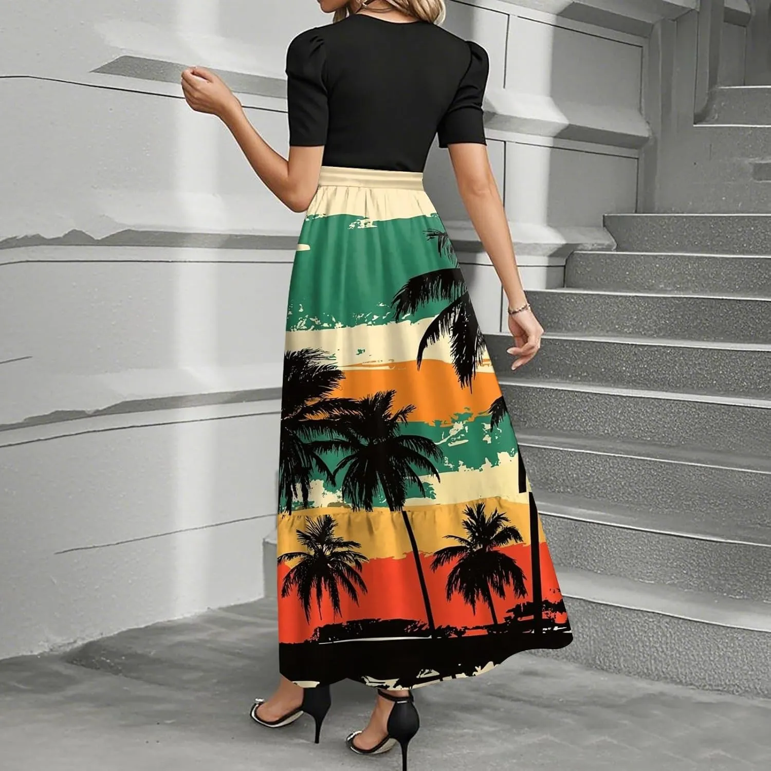 2025 Spring Dresses for Women, Trendy Beach Maxi Women's Jumpsuits Hawaiian Print Bow Crew Neck Rompers for Women