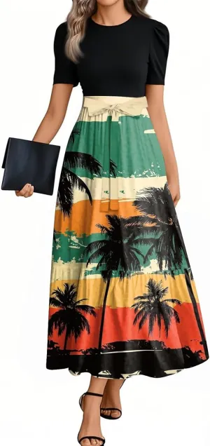 2025 Spring Dresses for Women, Trendy Beach Maxi Women's Jumpsuits Hawaiian Print Bow Crew Neck Rompers for Women