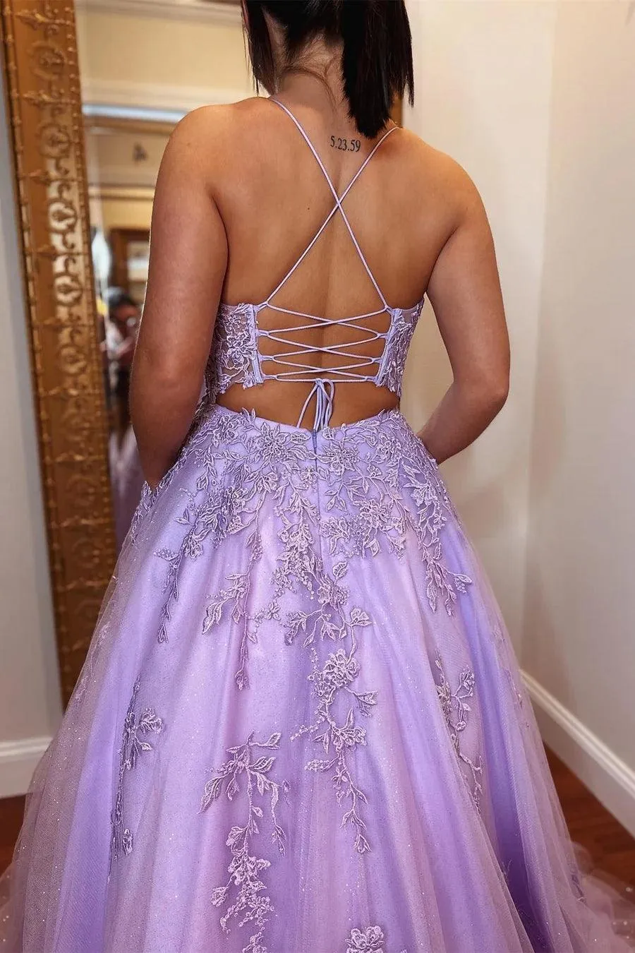 A-Line Lavender Tulle Applique Lace Up Back Prom Evening Dress TP1218