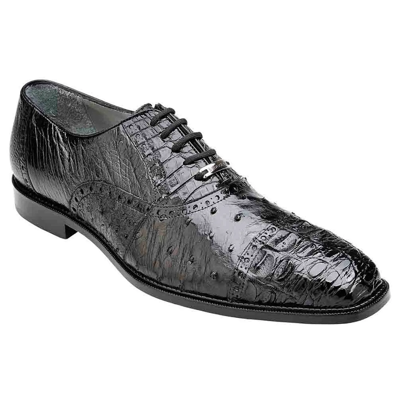 Belvedere Onesto II Men's Black Genuine Ostrich and Crocodile Oxfords 1419-BLK