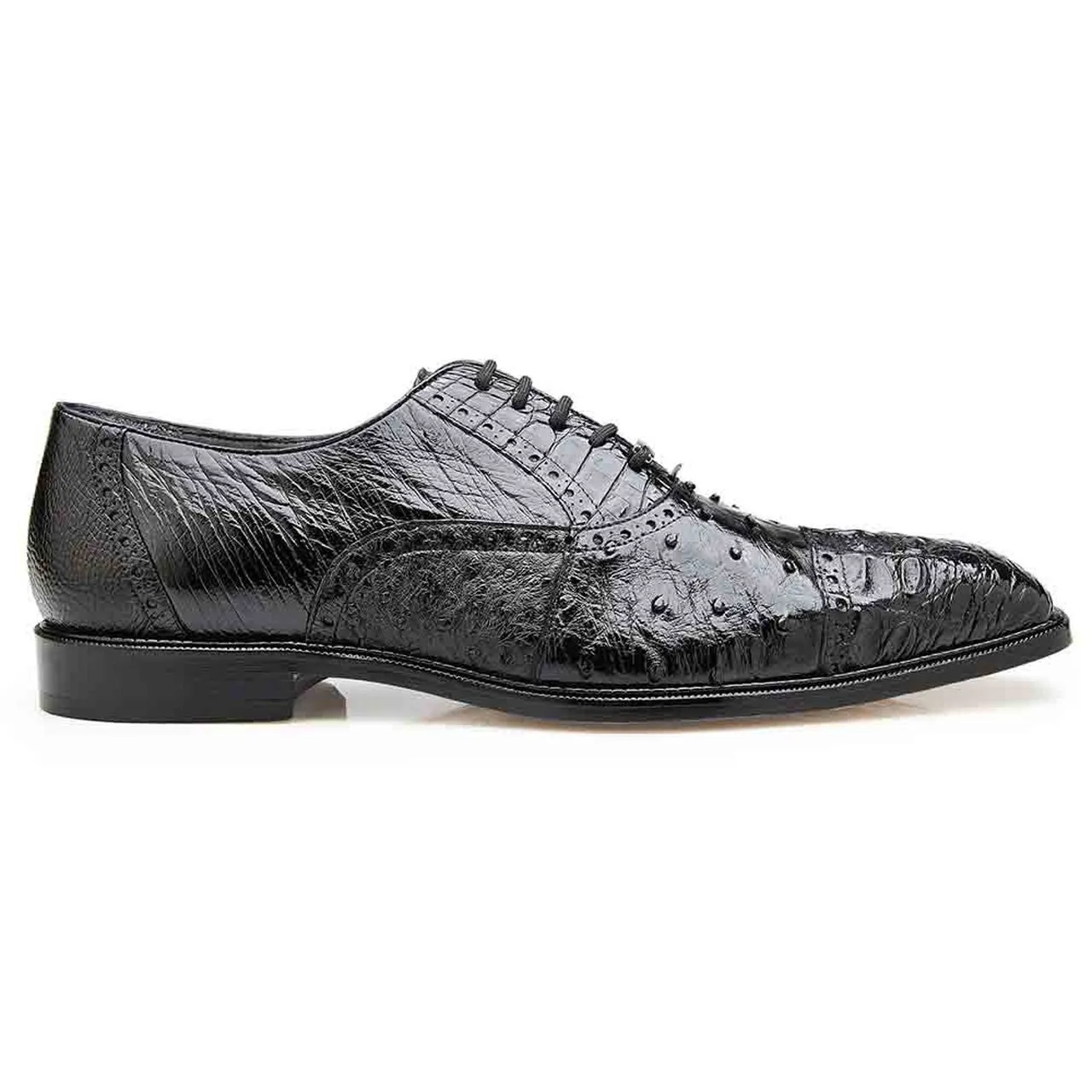 Belvedere Onesto II Men's Black Genuine Ostrich and Crocodile Oxfords 1419-BLK