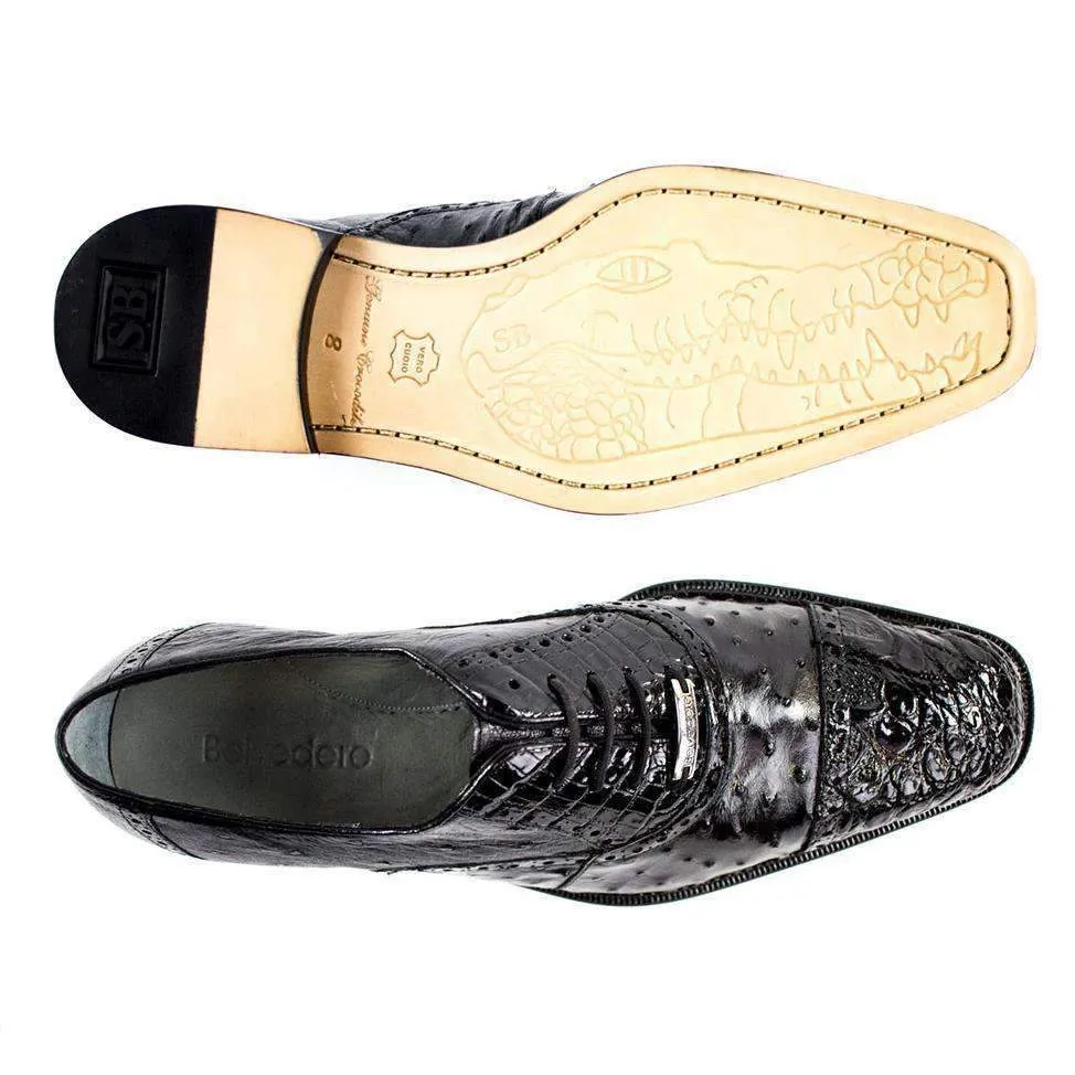 Belvedere Onesto II Men's Black Genuine Ostrich and Crocodile Oxfords 1419-BLK