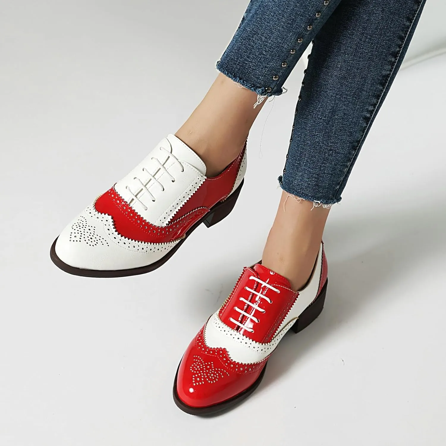 Betastella Womens Vintage Wingtip Lace Up Oxfords Chunky Low Heel Round Toe Pumps Brogue Oxford Shoes