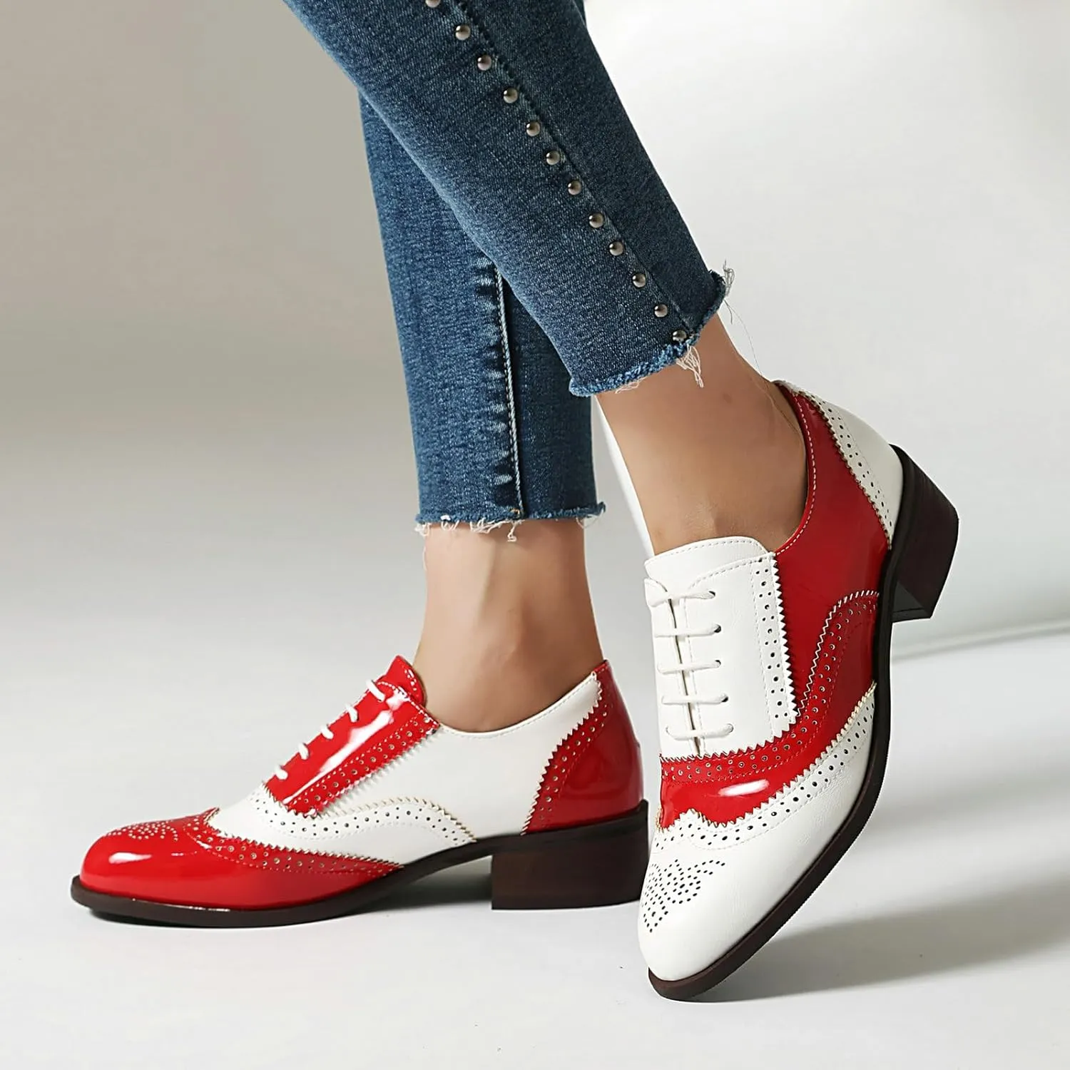 Betastella Womens Vintage Wingtip Lace Up Oxfords Chunky Low Heel Round Toe Pumps Brogue Oxford Shoes