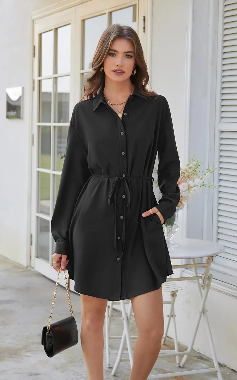 ECOWISH Womens Button Shirt Dress with Pockets Fall Spring Short Mini Dresses Long Sleeve 3/4 Sleeve Long Tunics Blouse Belt