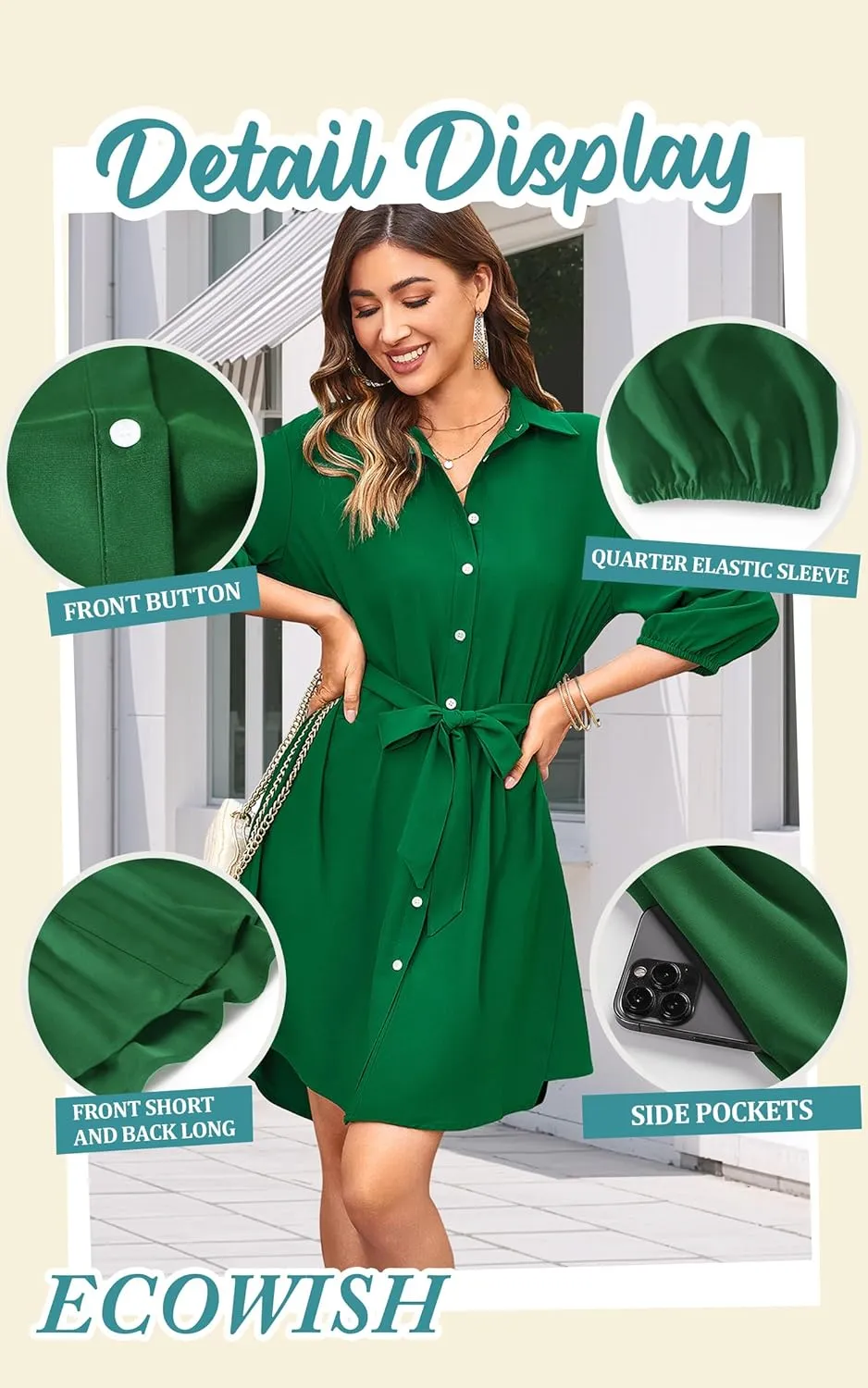 ECOWISH Womens Button Shirt Dress with Pockets Fall Spring Short Mini Dresses Long Sleeve 3/4 Sleeve Long Tunics Blouse Belt