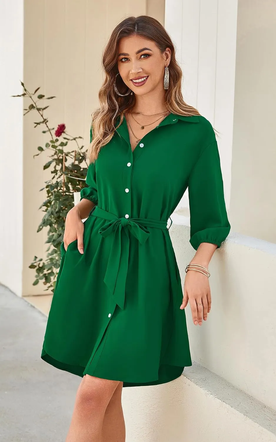 ECOWISH Womens Button Shirt Dress with Pockets Fall Spring Short Mini Dresses Long Sleeve 3/4 Sleeve Long Tunics Blouse Belt