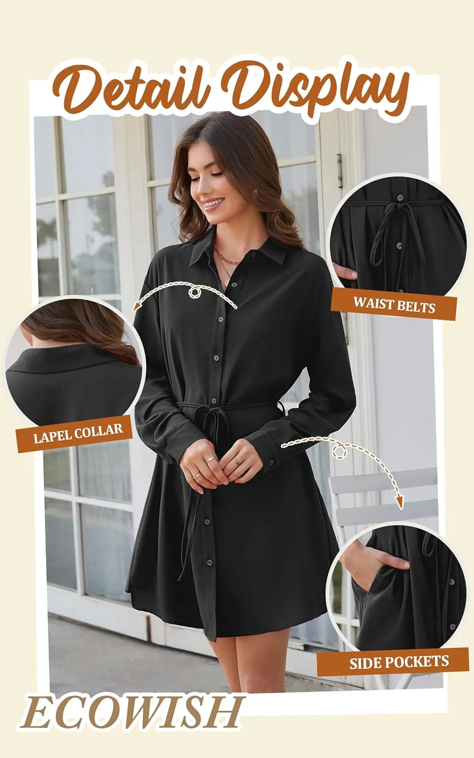 ECOWISH Womens Button Shirt Dress with Pockets Fall Spring Short Mini Dresses Long Sleeve 3/4 Sleeve Long Tunics Blouse Belt