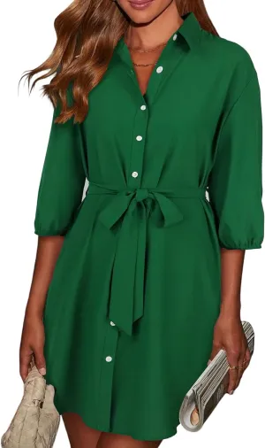 ECOWISH Womens Button Shirt Dress with Pockets Fall Spring Short Mini Dresses Long Sleeve 3/4 Sleeve Long Tunics Blouse Belt