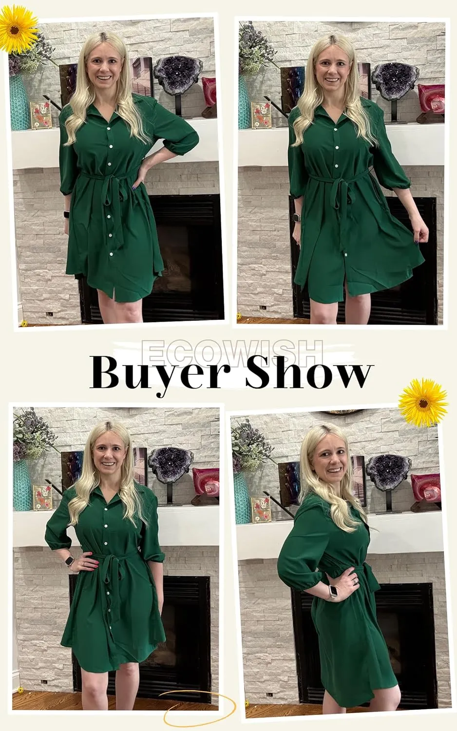 ECOWISH Womens Button Shirt Dress with Pockets Fall Spring Short Mini Dresses Long Sleeve 3/4 Sleeve Long Tunics Blouse Belt