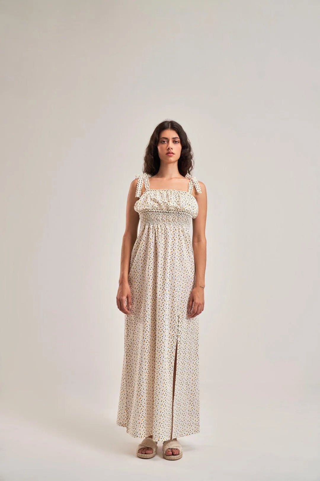 FLORAL EMPIRE SLIT A-LINE DRESS