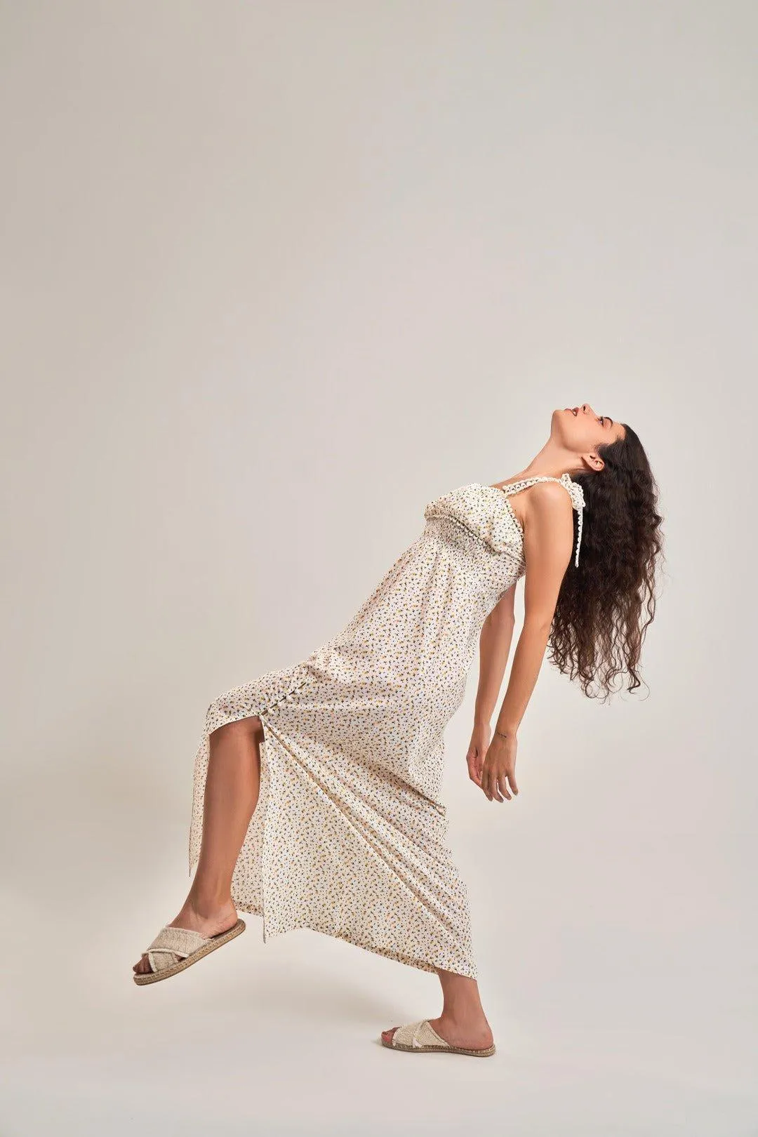 FLORAL EMPIRE SLIT A-LINE DRESS