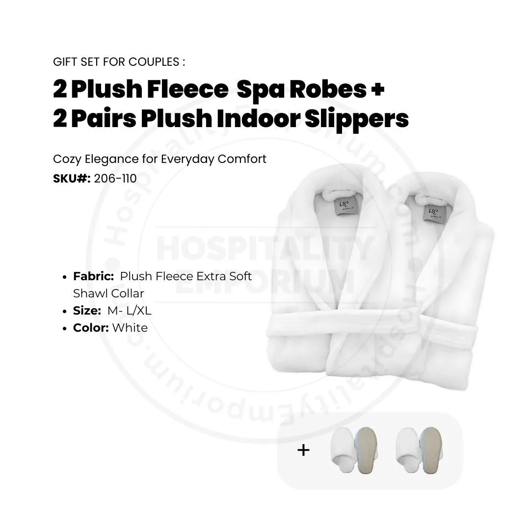 GIFT SET FOR COUPLES 2 Plush Fleece Extra Soft Shawl Collar Spa Robes White Size: M- L/XL   2 Pairs Plush Indoor Slippers Unisex 1/Pack