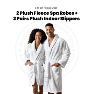 GIFT SET FOR COUPLES 2 Plush Fleece Extra Soft Shawl Collar Spa Robes White Size: M- L/XL   2 Pairs Plush Indoor Slippers Unisex 1/Pack