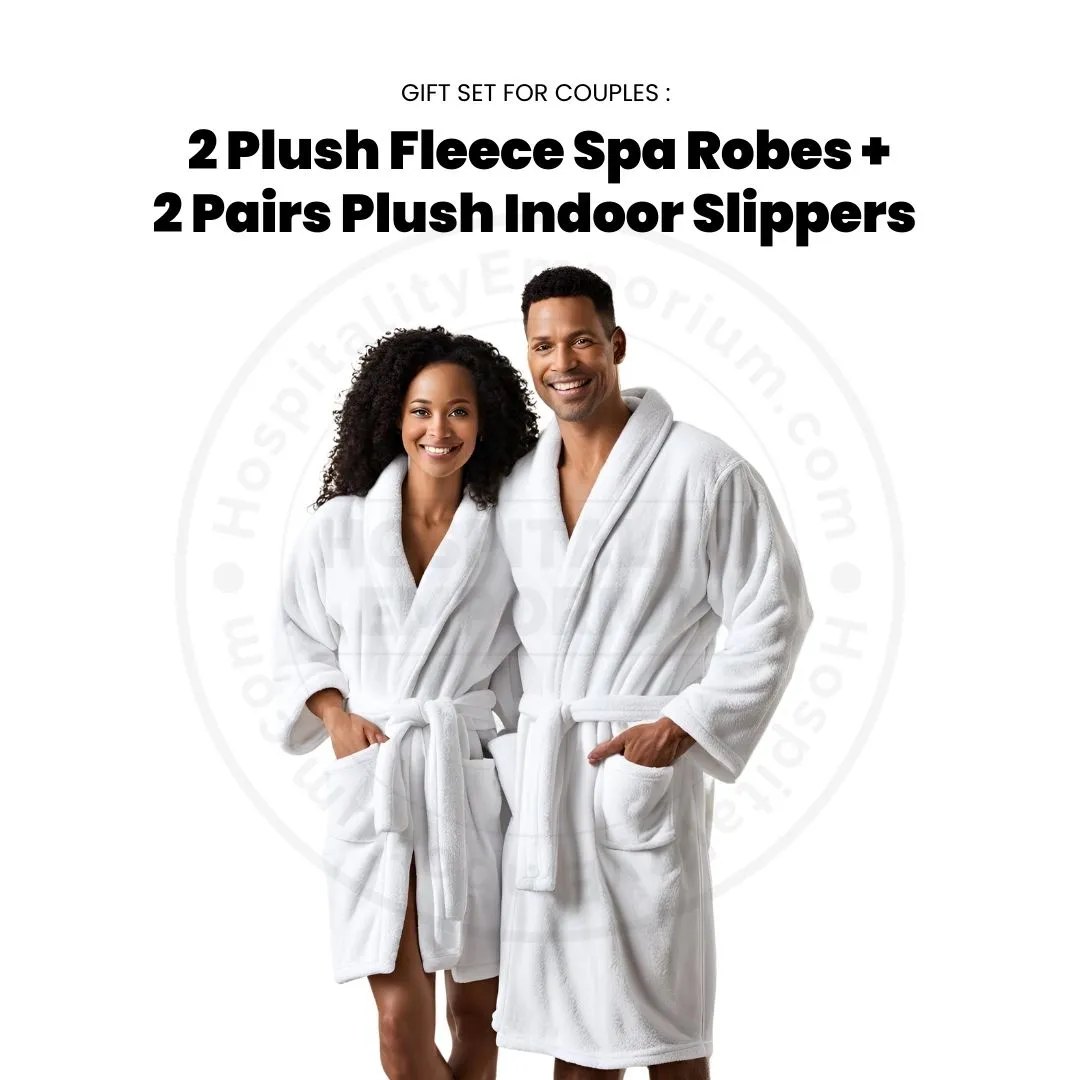 GIFT SET FOR COUPLES 2 Plush Fleece Extra Soft Shawl Collar Spa Robes White Size: M- L/XL   2 Pairs Plush Indoor Slippers Unisex 1/Pack