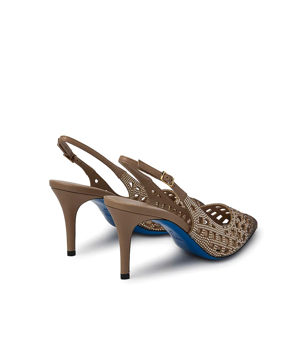 Hazelnut suede jewel slingback pumps