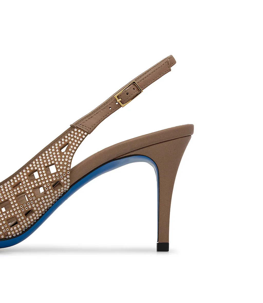 Hazelnut suede jewel slingback pumps