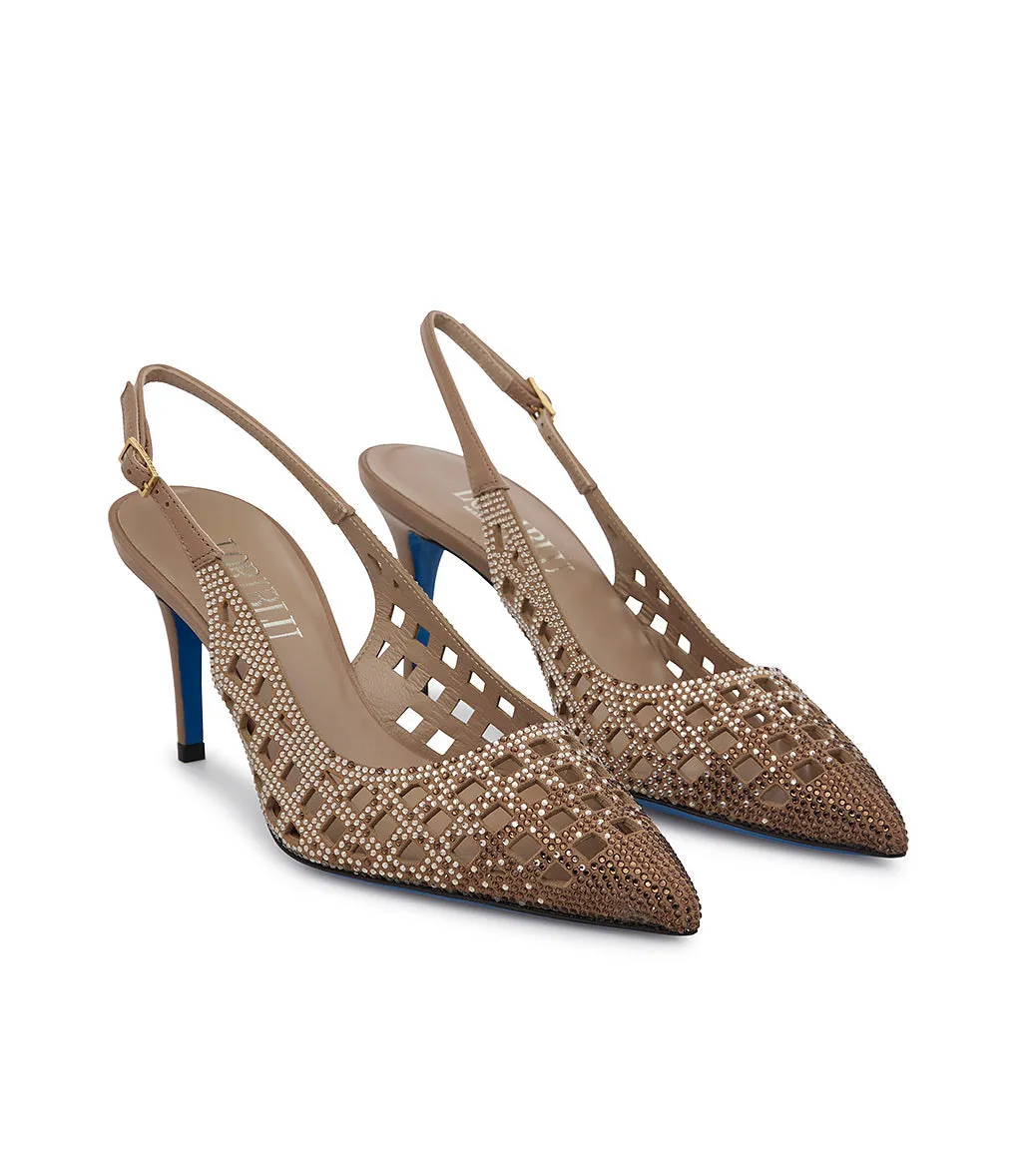 Hazelnut suede jewel slingback pumps