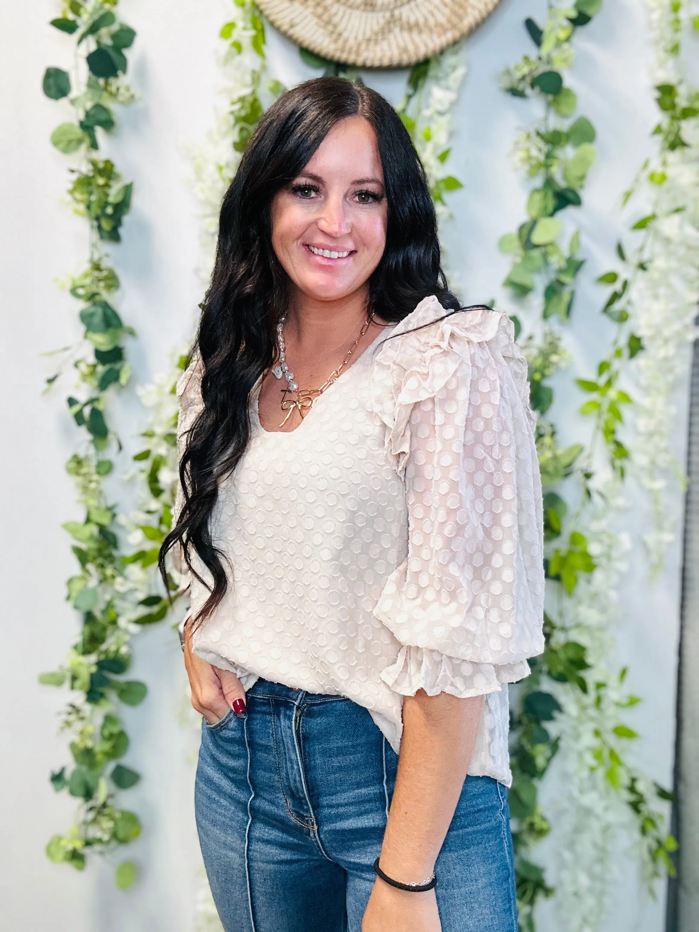 Karlie Cream Ruffle Dotted Blouse