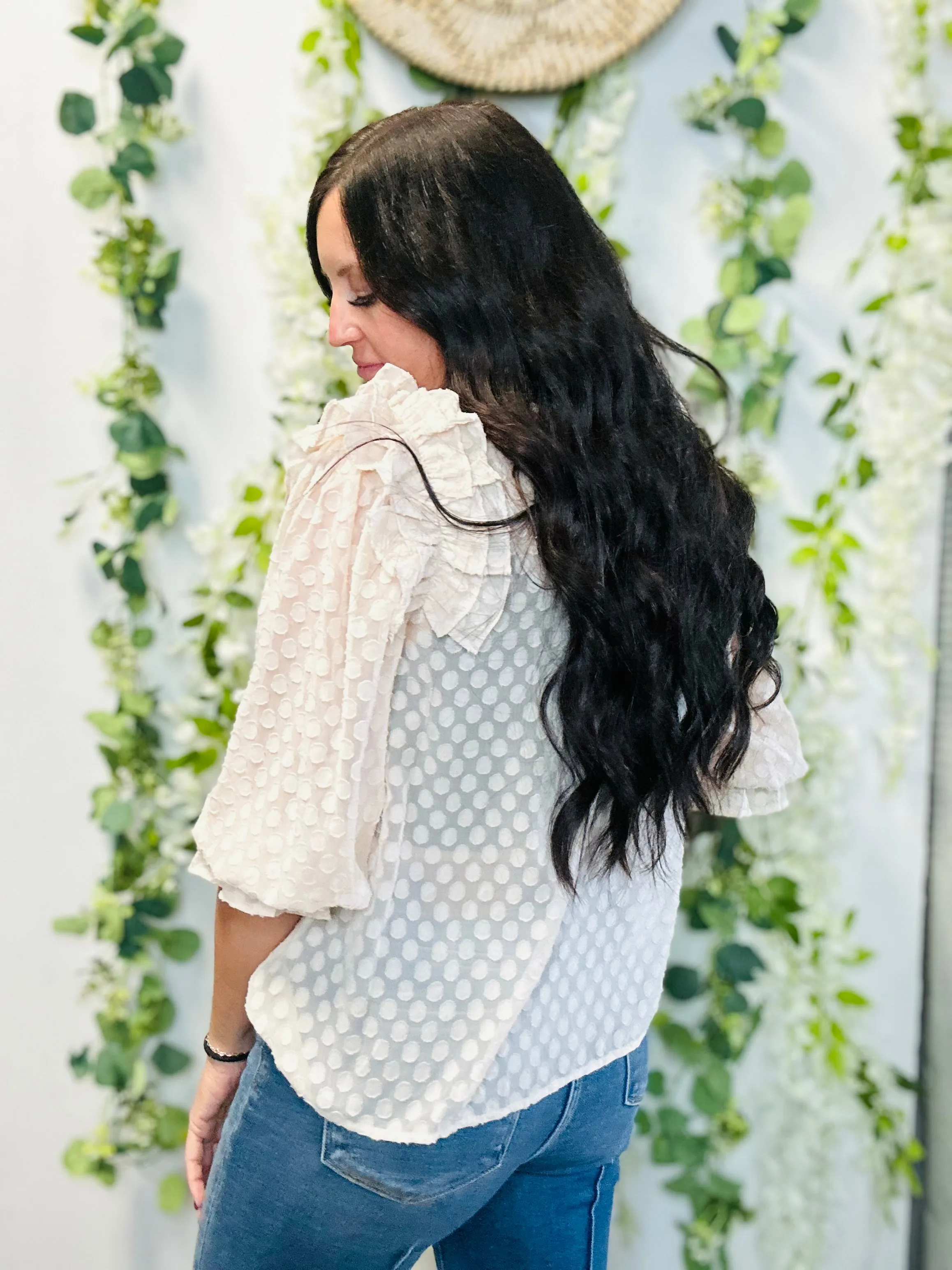 Karlie Cream Ruffle Dotted Blouse