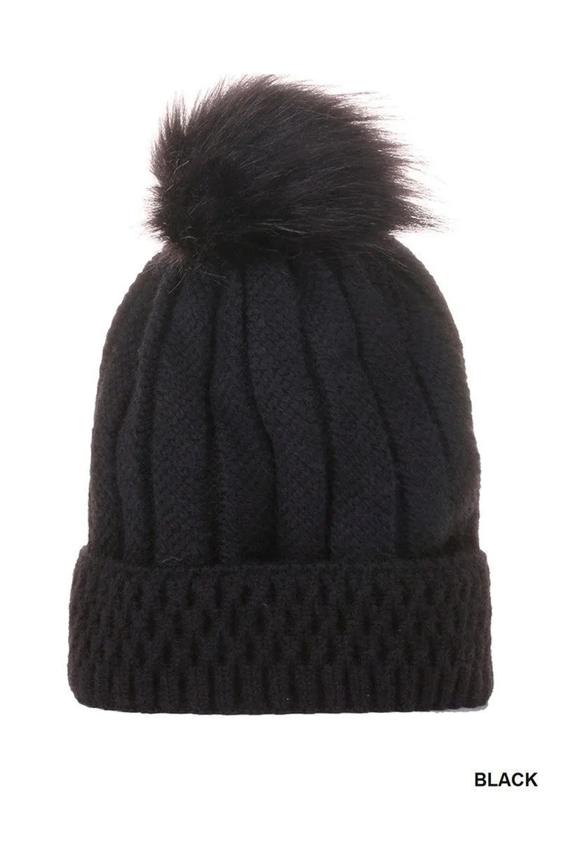 Knitted Pom Pom Beanie Hat - Black
