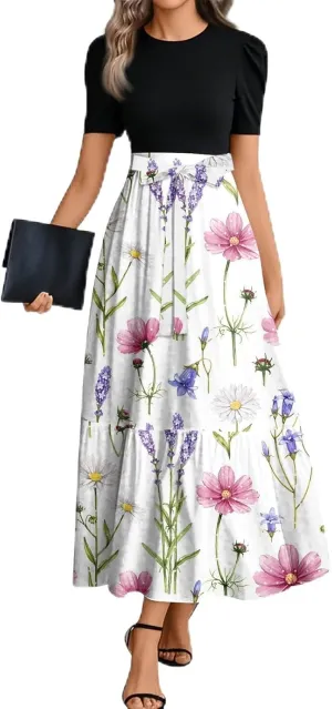 Maxi Flower Print 2025 Dresses, Beach Vacation Women's Jumpsuits Trendy Bow High Waisted Rompers for Women