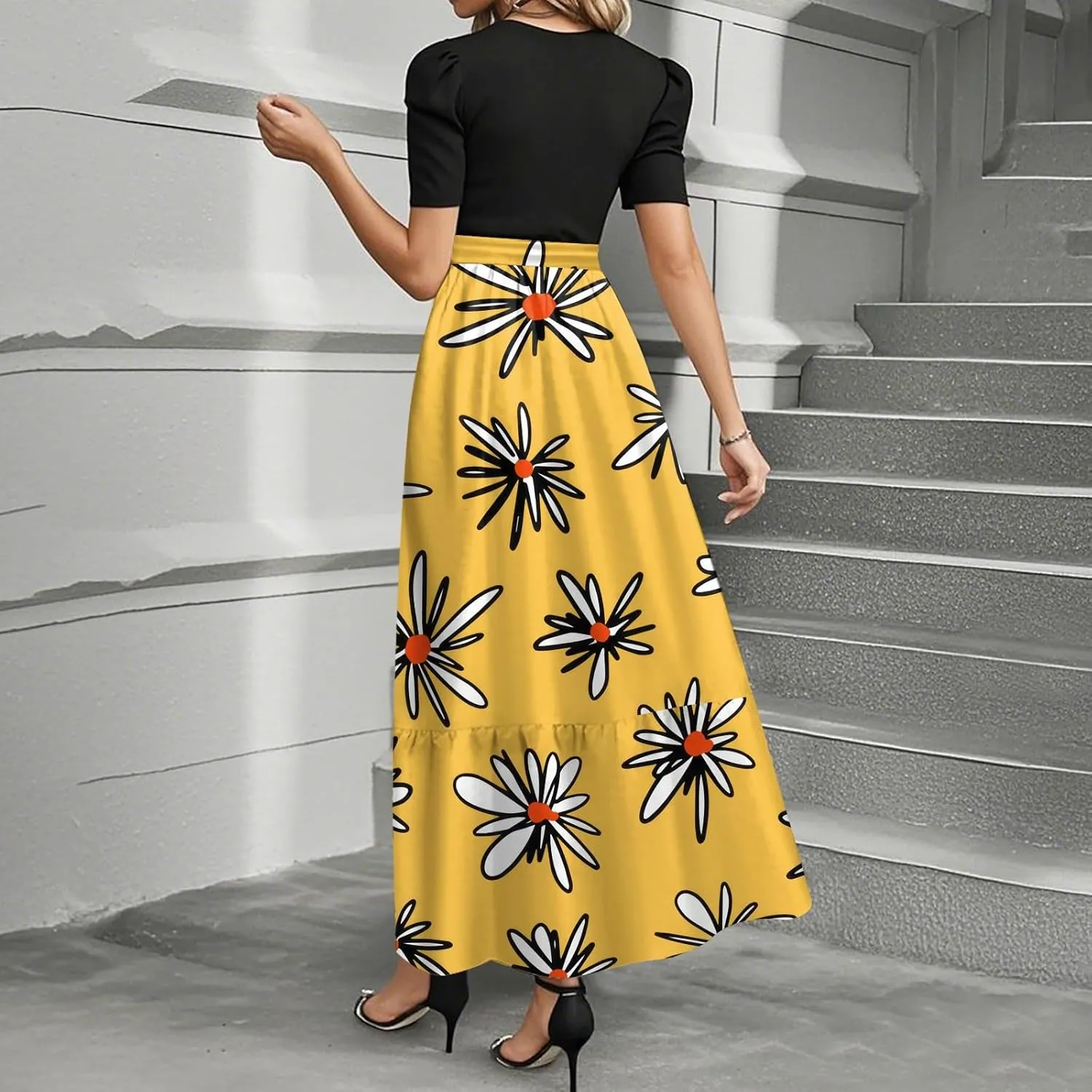 Maxi Flower Print 2025 Dresses, Beach Vacation Women's Jumpsuits Trendy Bow High Waisted Rompers for Women