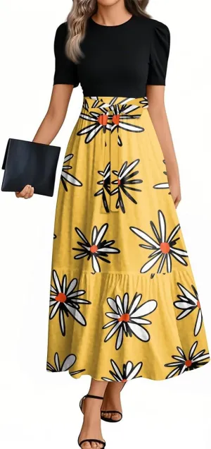 Maxi Flower Print 2025 Dresses, Beach Vacation Women's Jumpsuits Trendy Bow High Waisted Rompers for Women
