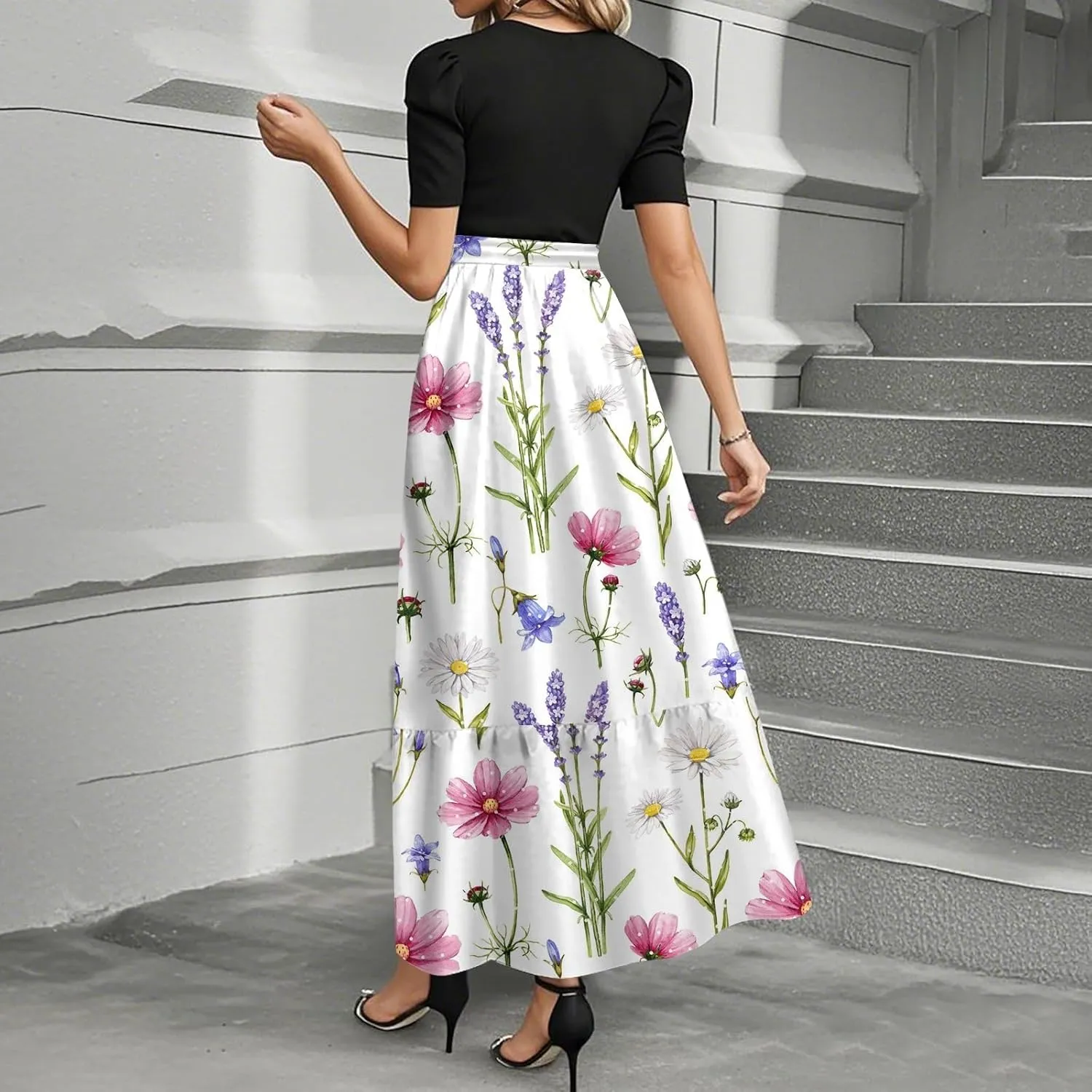 Maxi Flower Print 2025 Dresses, Beach Vacation Women's Jumpsuits Trendy Bow High Waisted Rompers for Women