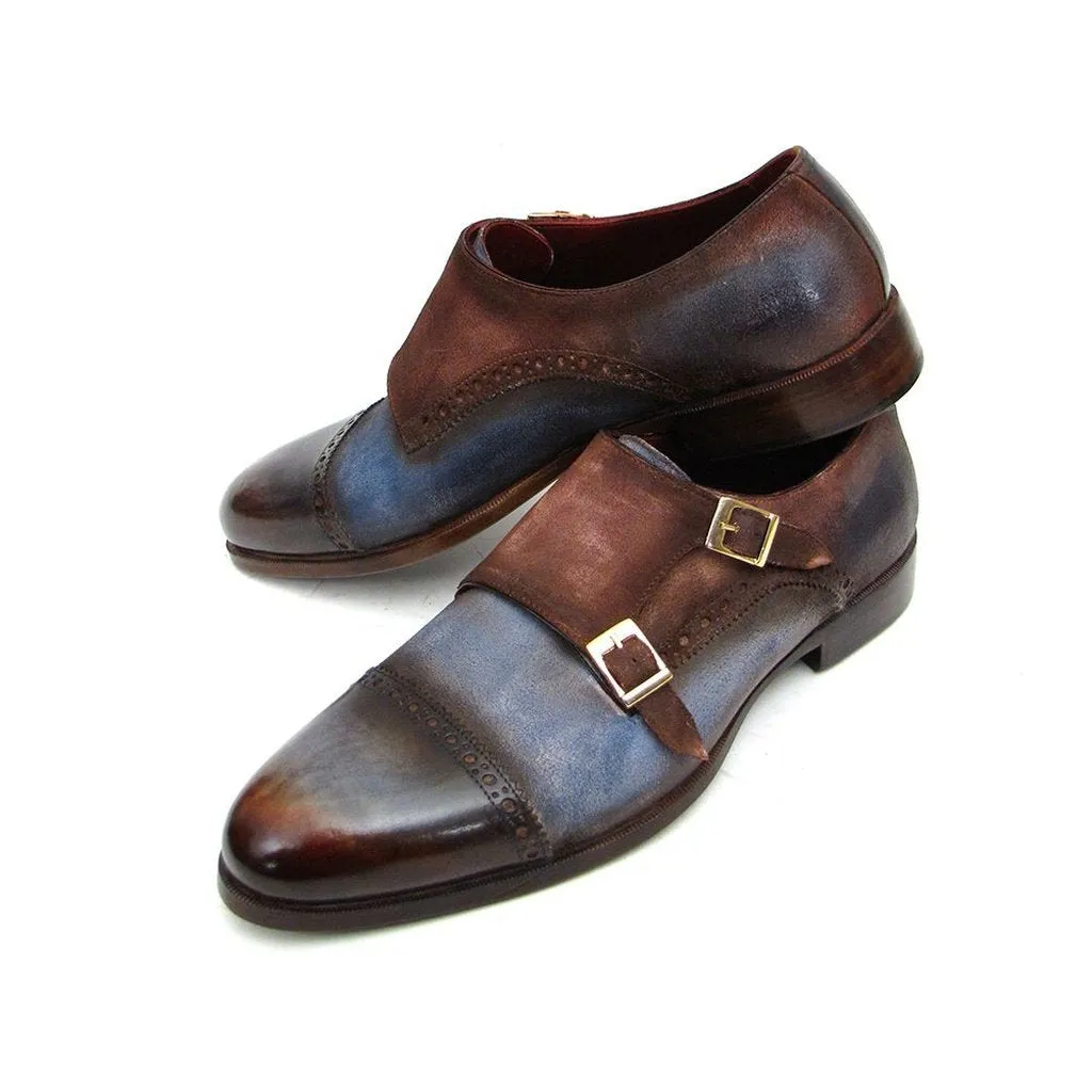Paul Parkman Men's Captoe Double Monkstrap Antique Blue & Brown Suede (ID#045AN14)