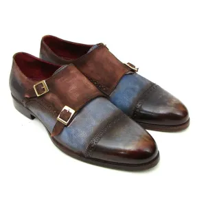 Paul Parkman Men's Captoe Double Monkstrap Antique Blue & Brown Suede (ID#045AN14)