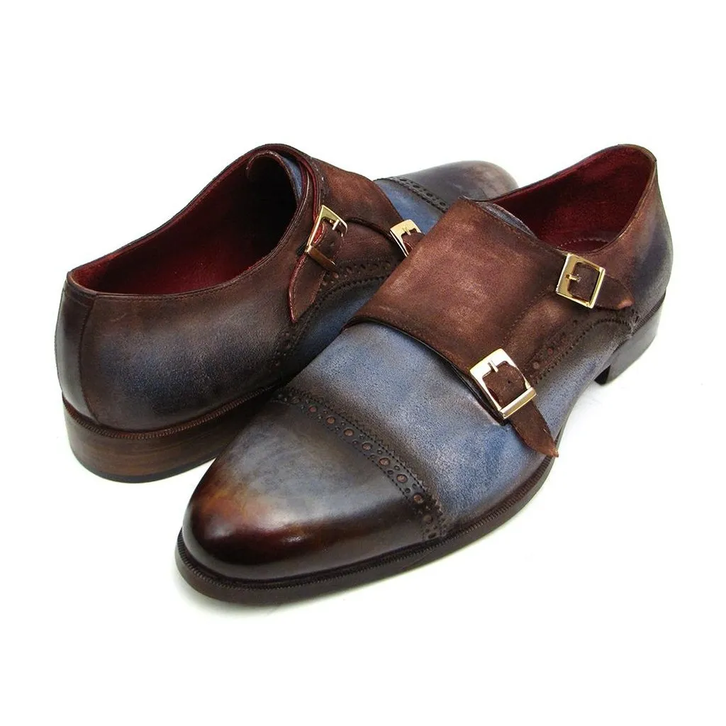 Paul Parkman Men's Captoe Double Monkstrap Antique Blue & Brown Suede (ID#045AN14)