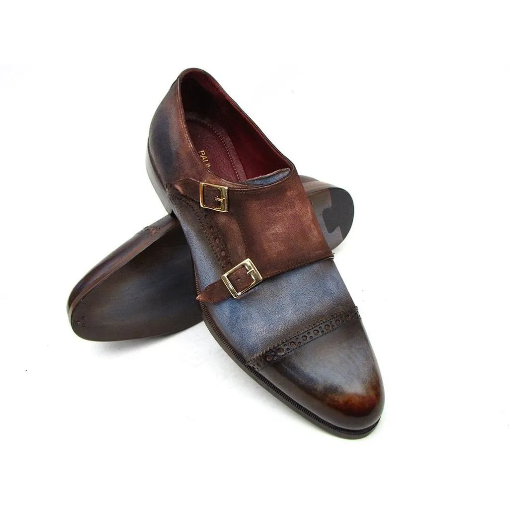 Paul Parkman Men's Captoe Double Monkstrap Antique Blue & Brown Suede (ID#045AN14)