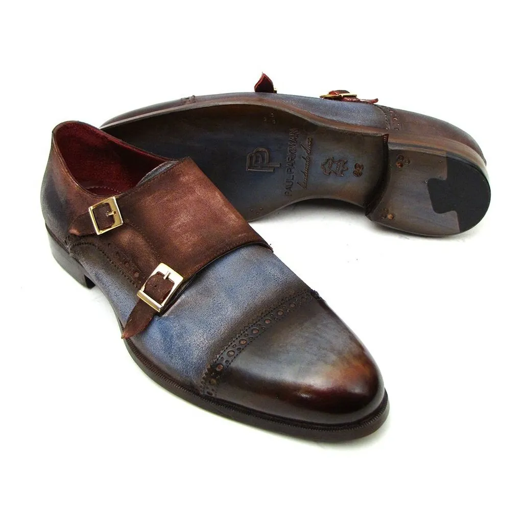 Paul Parkman Men's Captoe Double Monkstrap Antique Blue & Brown Suede (ID#045AN14)