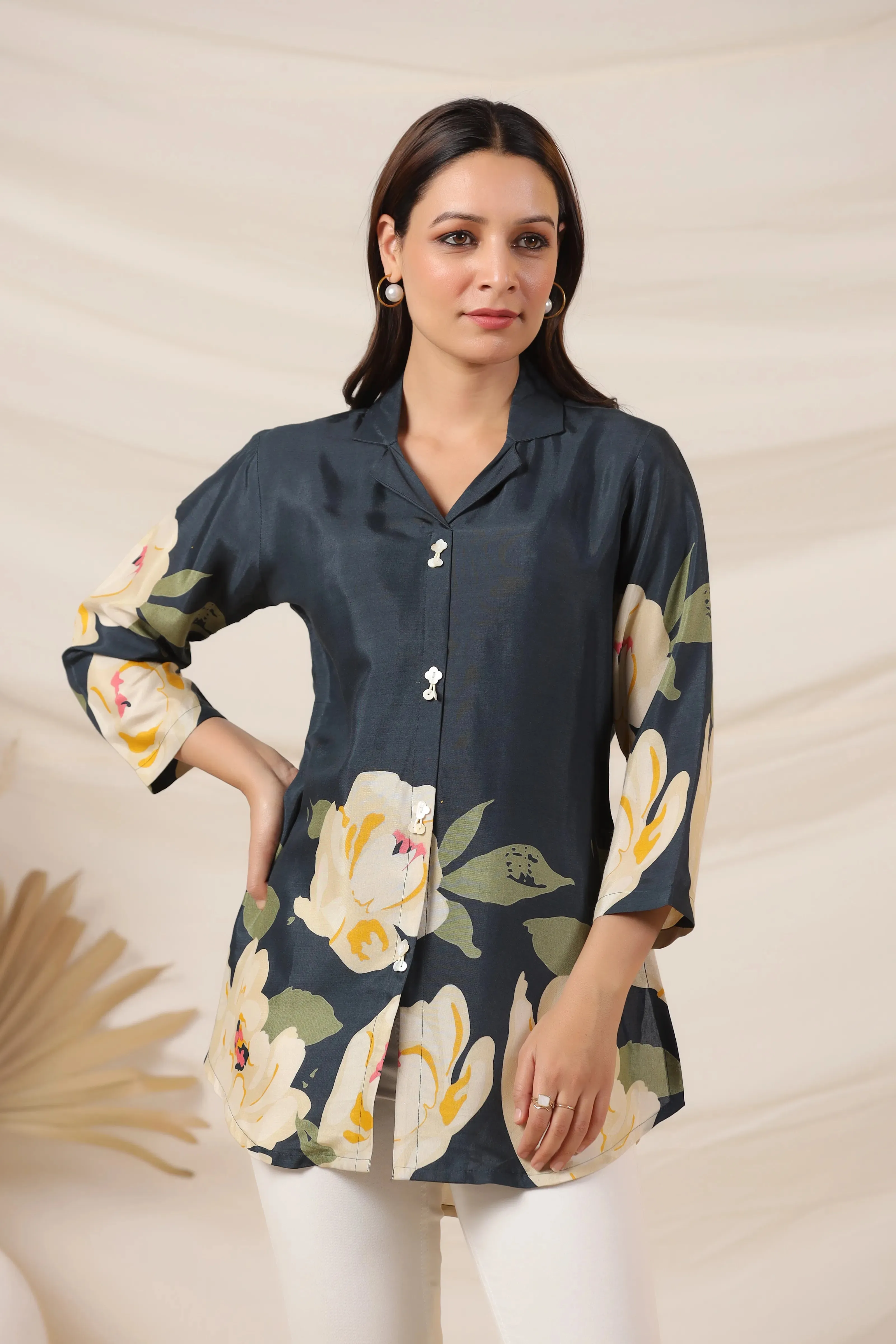 Peacock Blue Bold Floral Top in Russian Silk