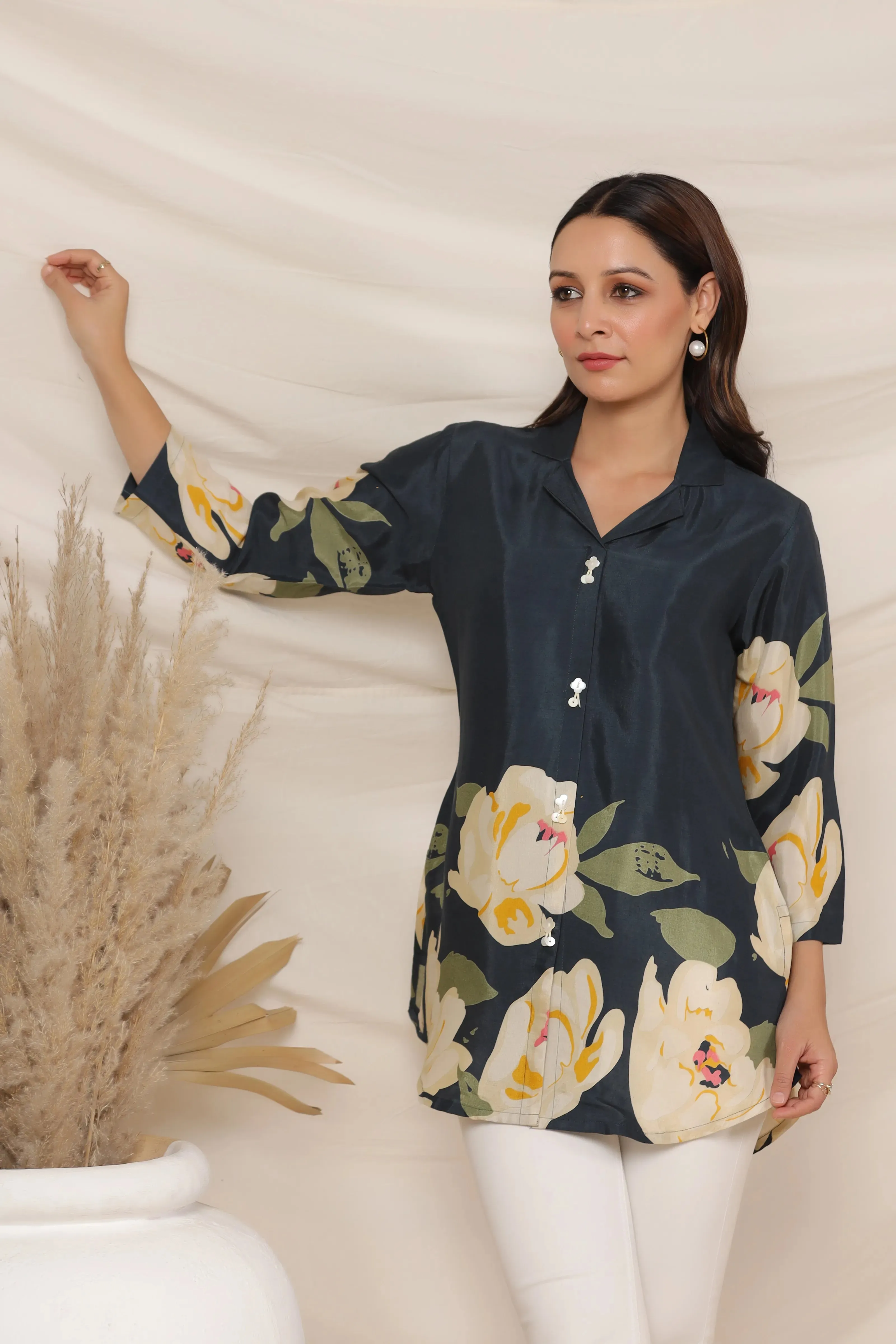Peacock Blue Bold Floral Top in Russian Silk