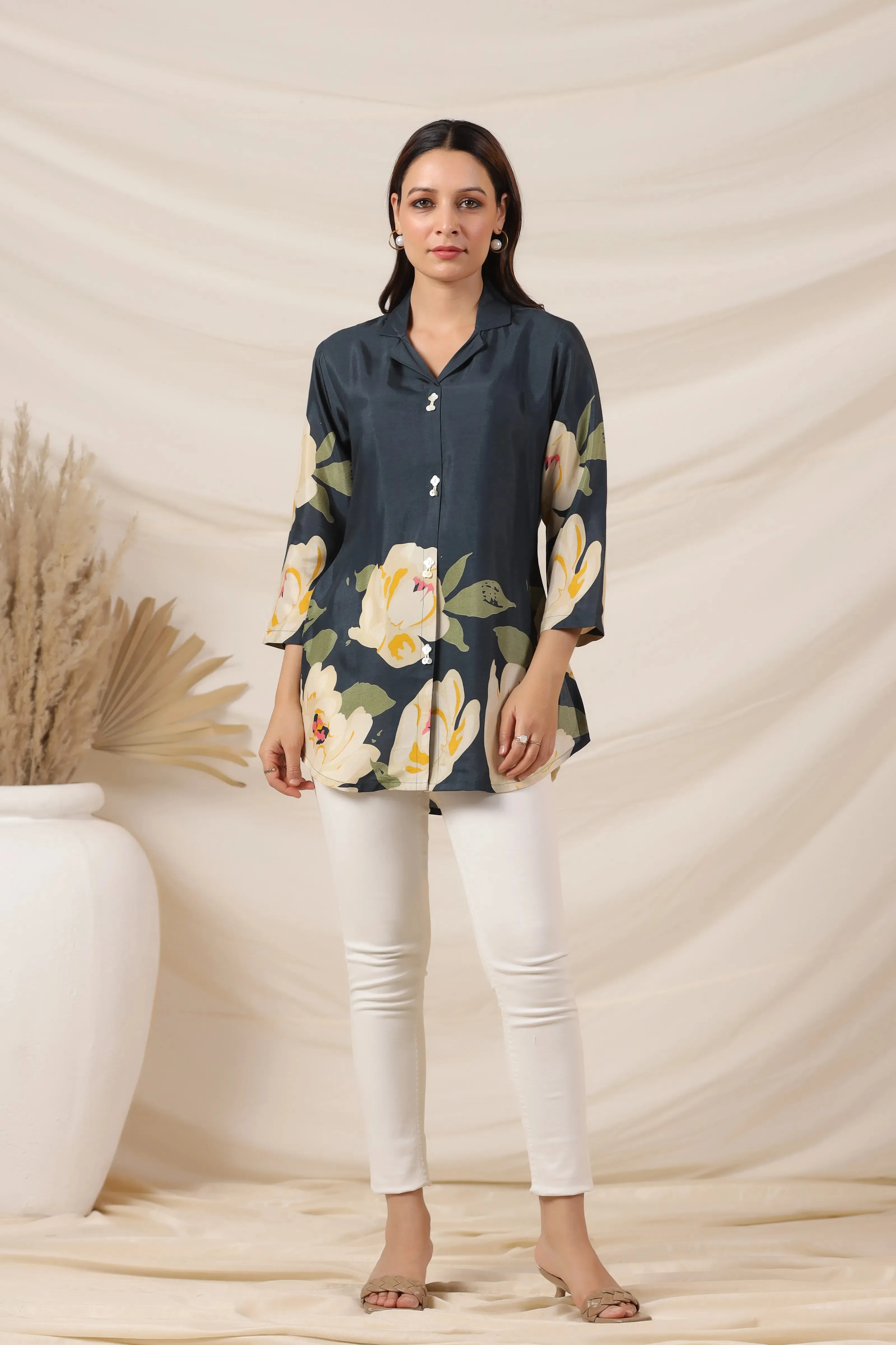 Peacock Blue Bold Floral Top in Russian Silk