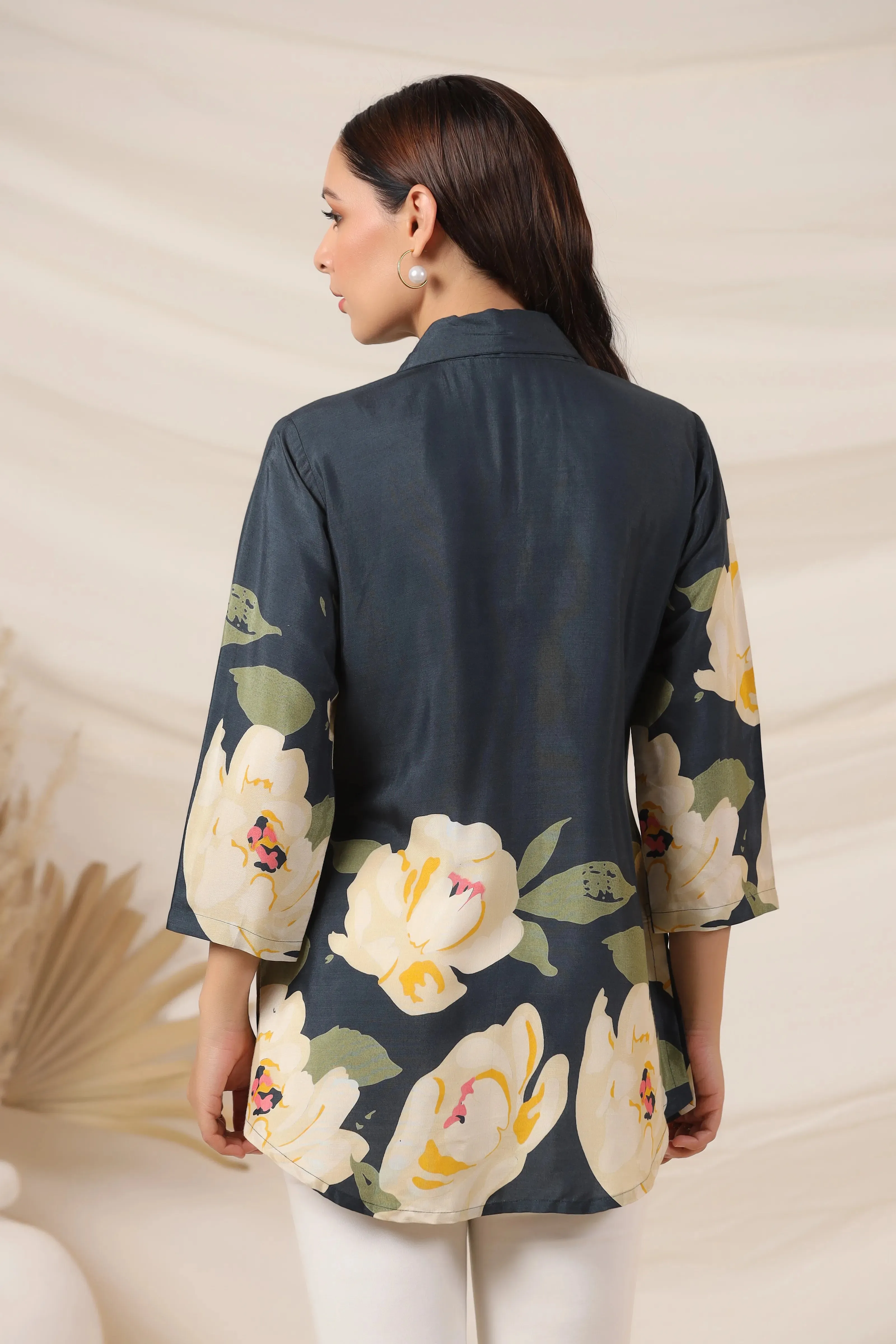 Peacock Blue Bold Floral Top in Russian Silk