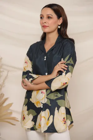 Peacock Blue Bold Floral Top in Russian Silk