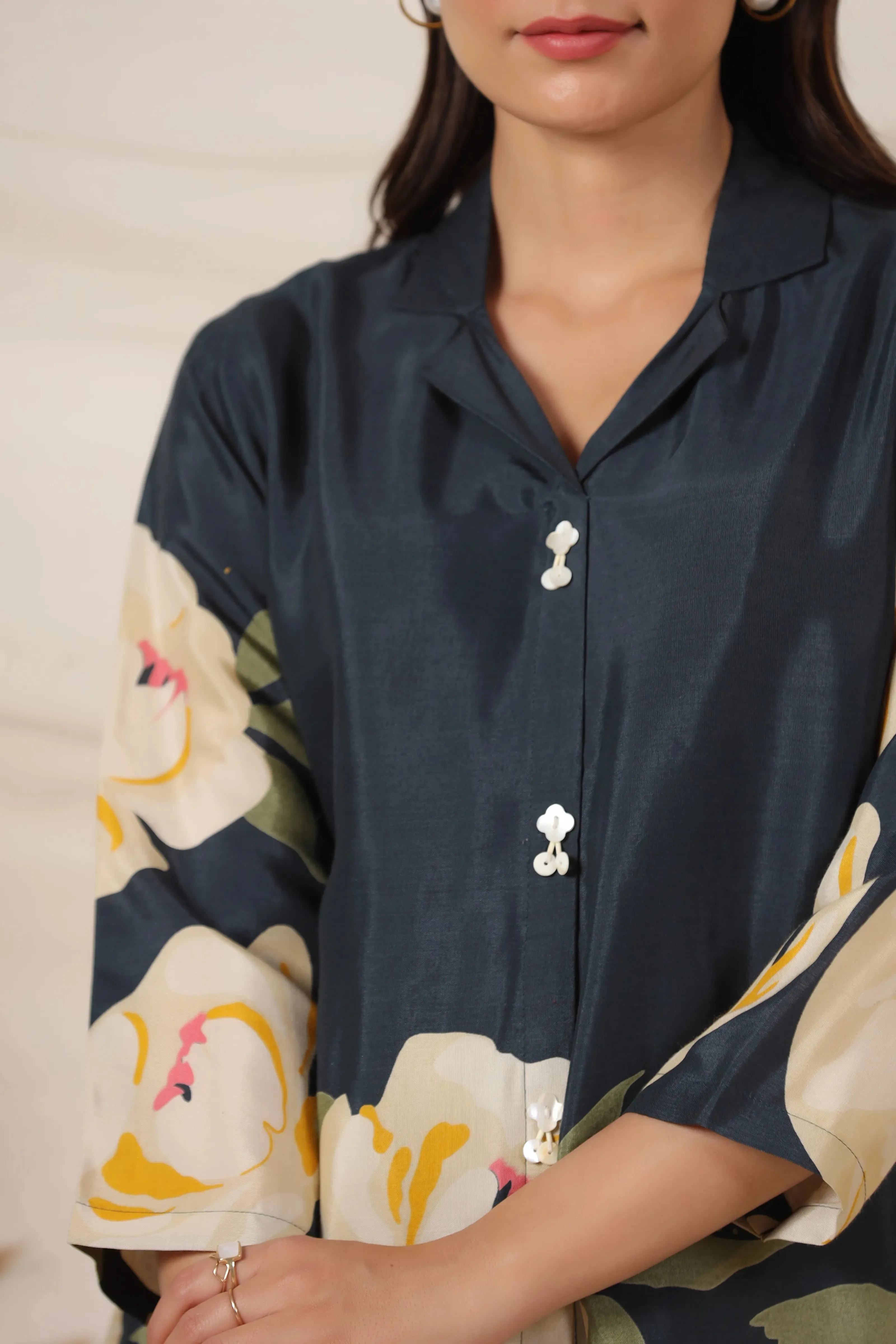 Peacock Blue Bold Floral Top in Russian Silk
