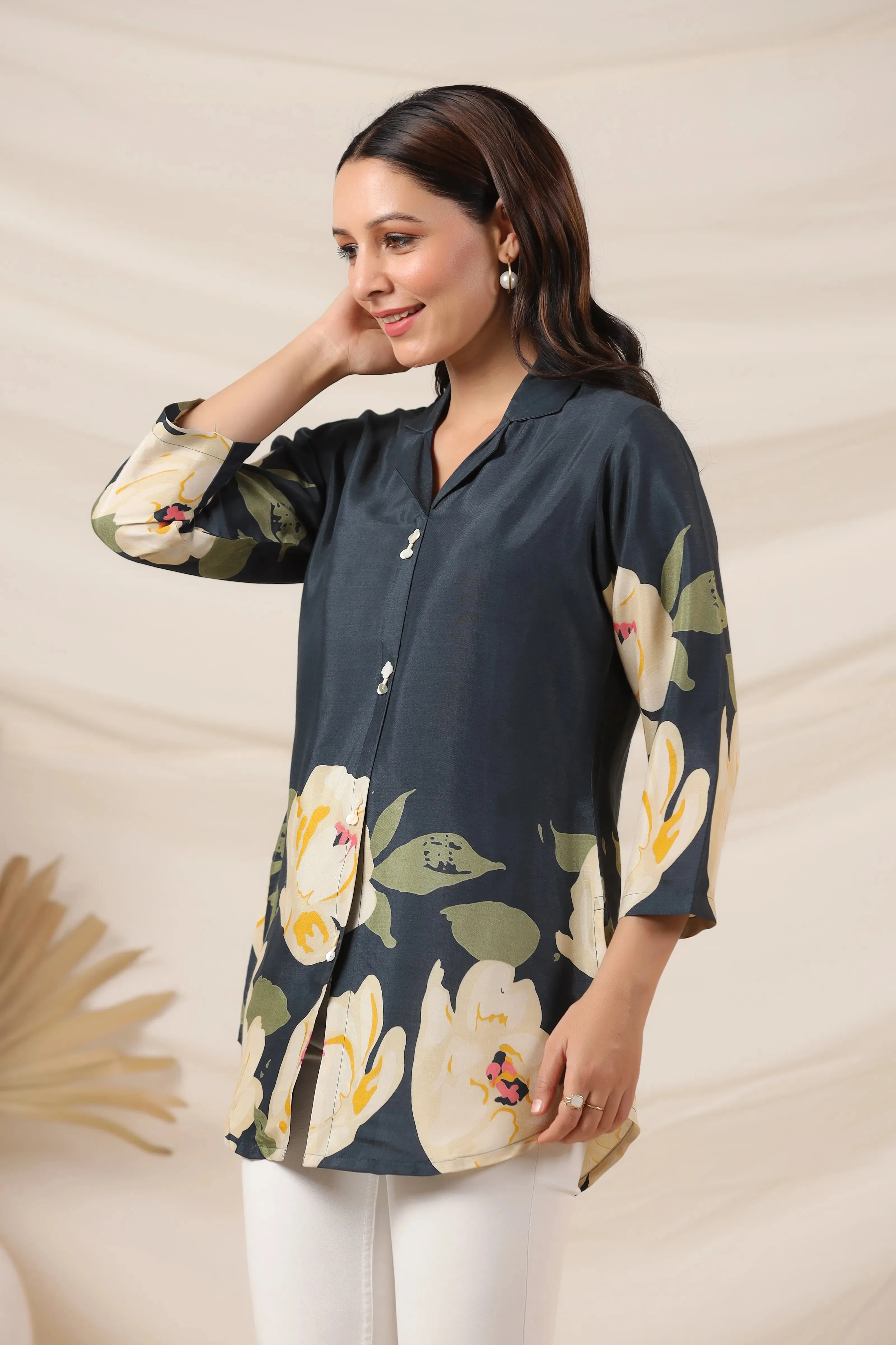 Peacock Blue Bold Floral Top in Russian Silk