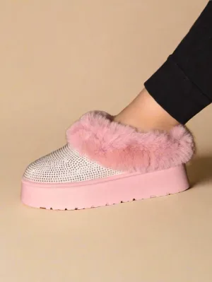 Pink Rhinestone Fuzzy Suede Platform Slippers