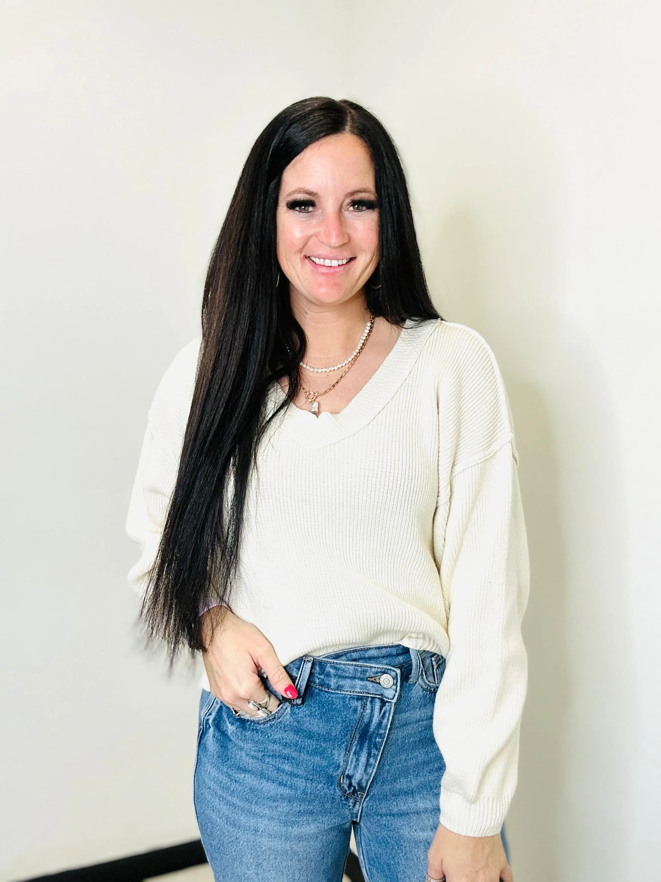 Polly Exposed Seam Cream Knit Sweater