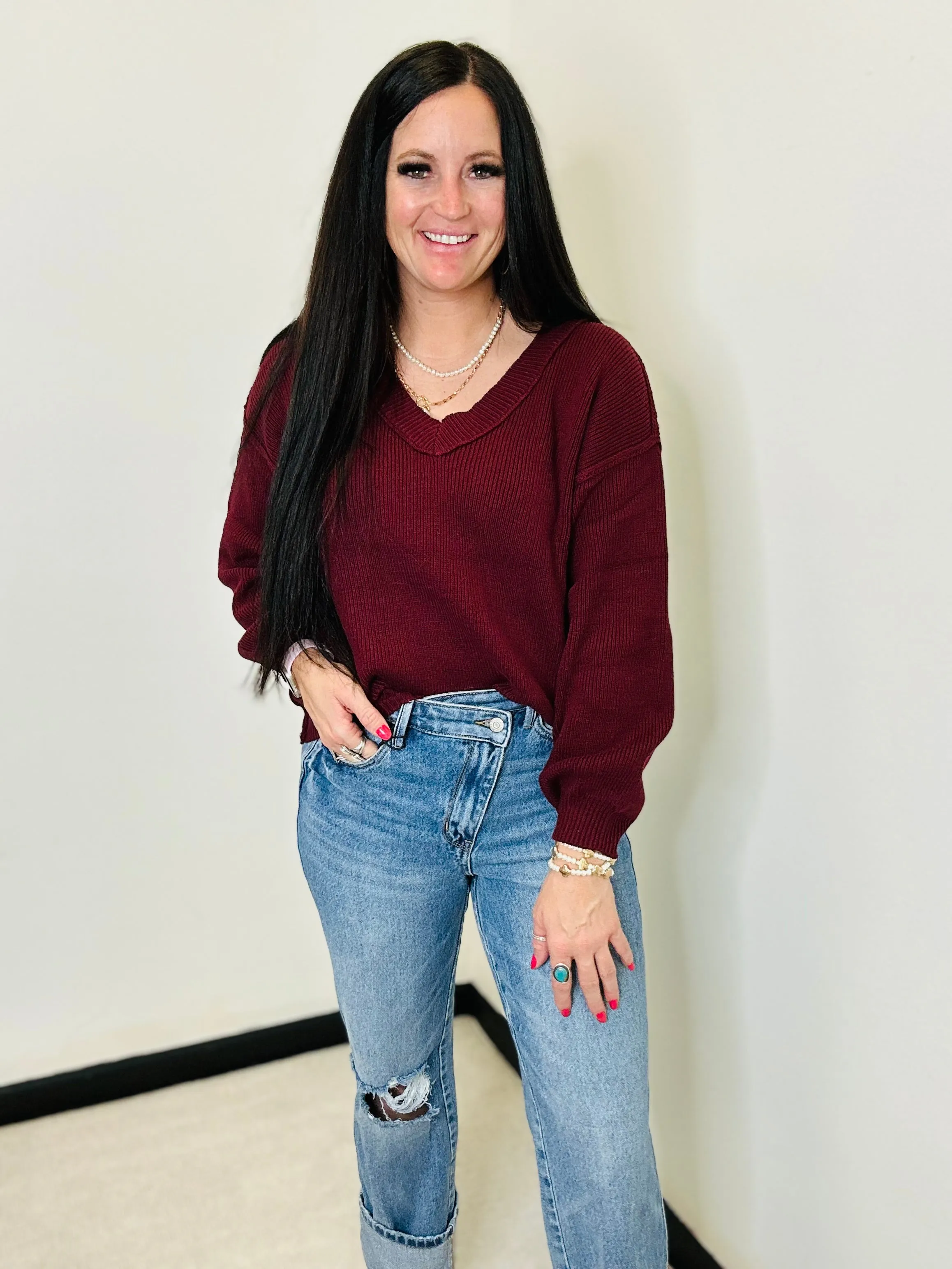 Polly Exposed Seam Oxblood Knit Sweater