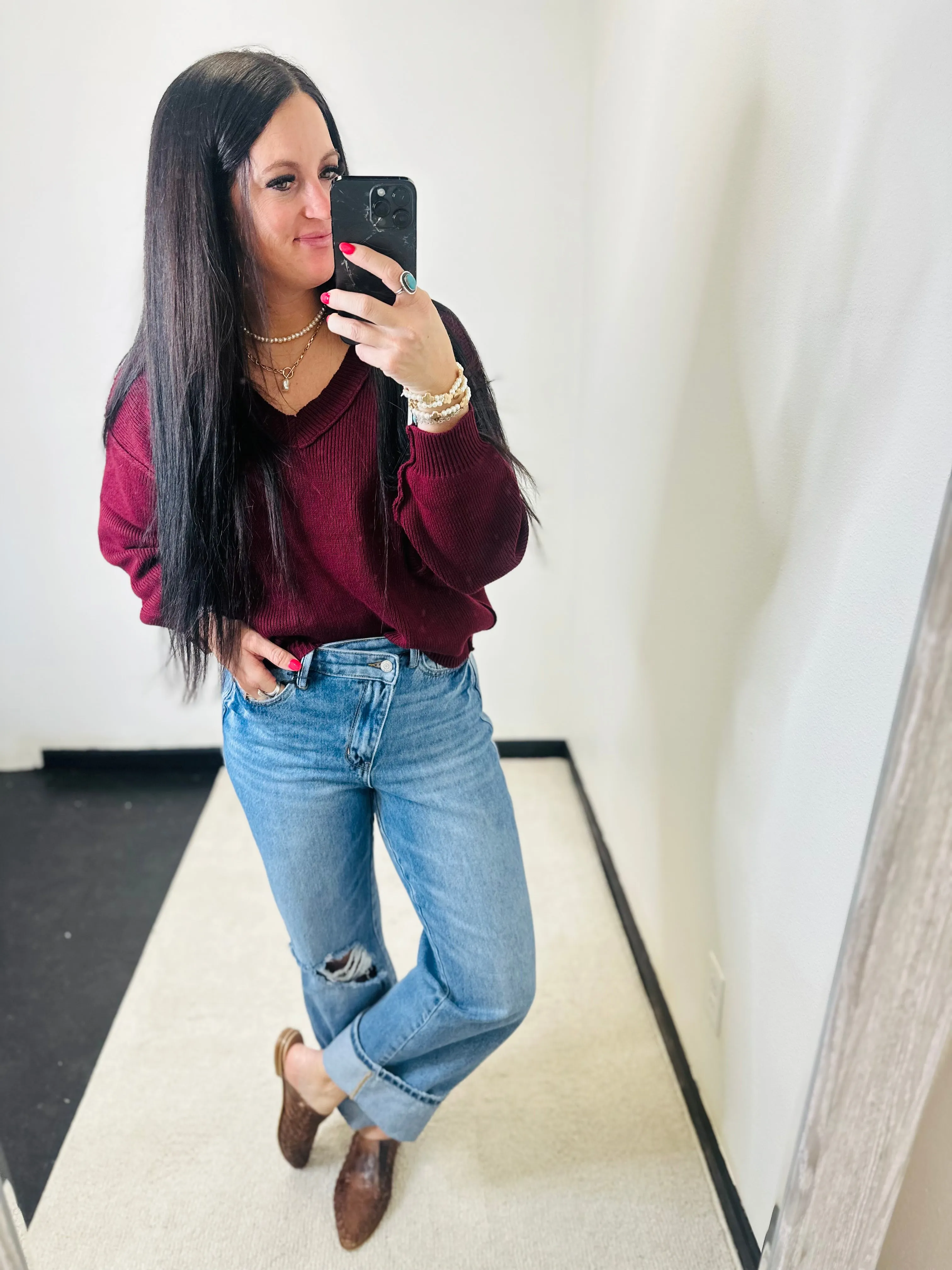 Polly Exposed Seam Oxblood Knit Sweater