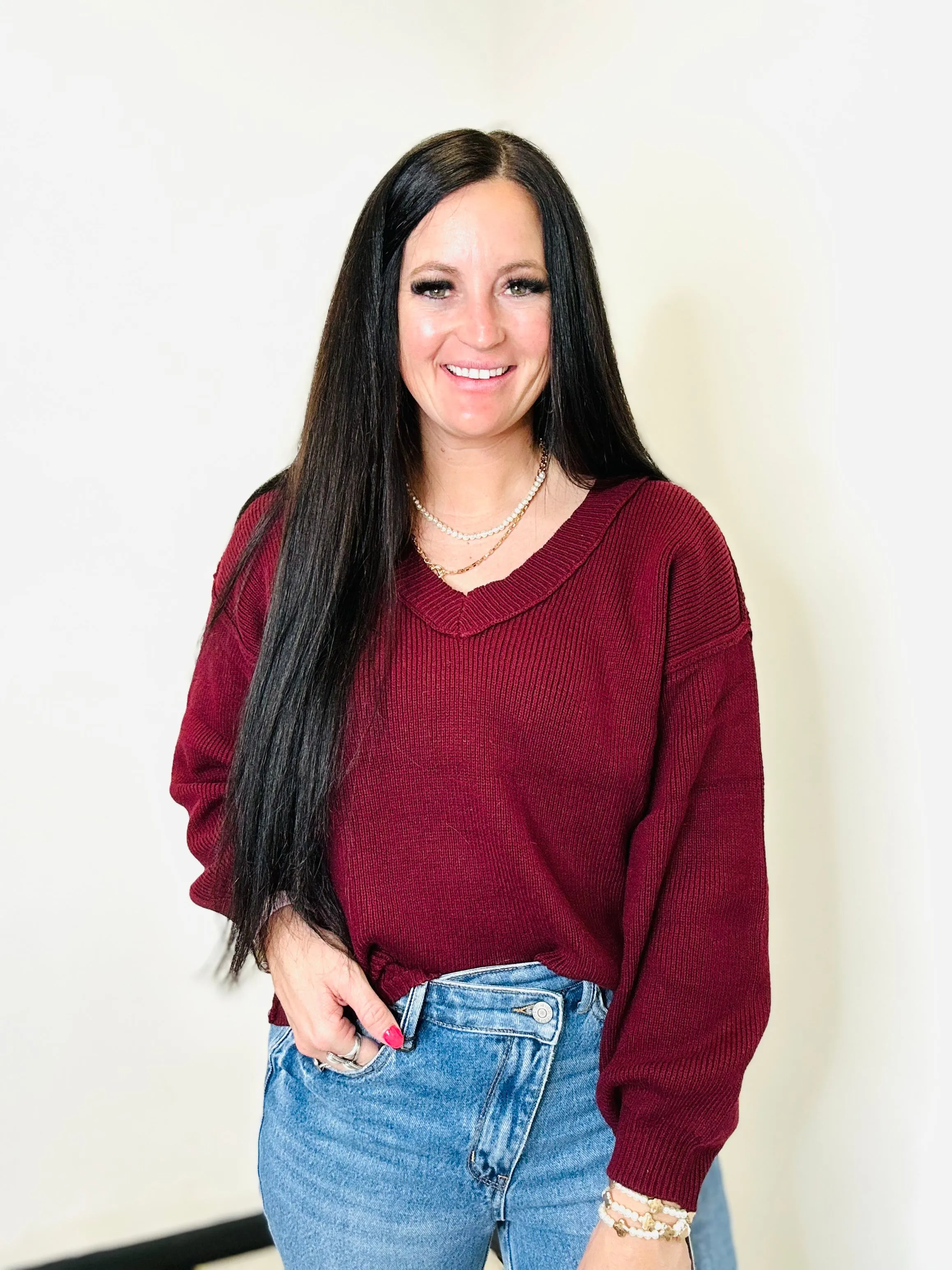 Polly Exposed Seam Oxblood Knit Sweater