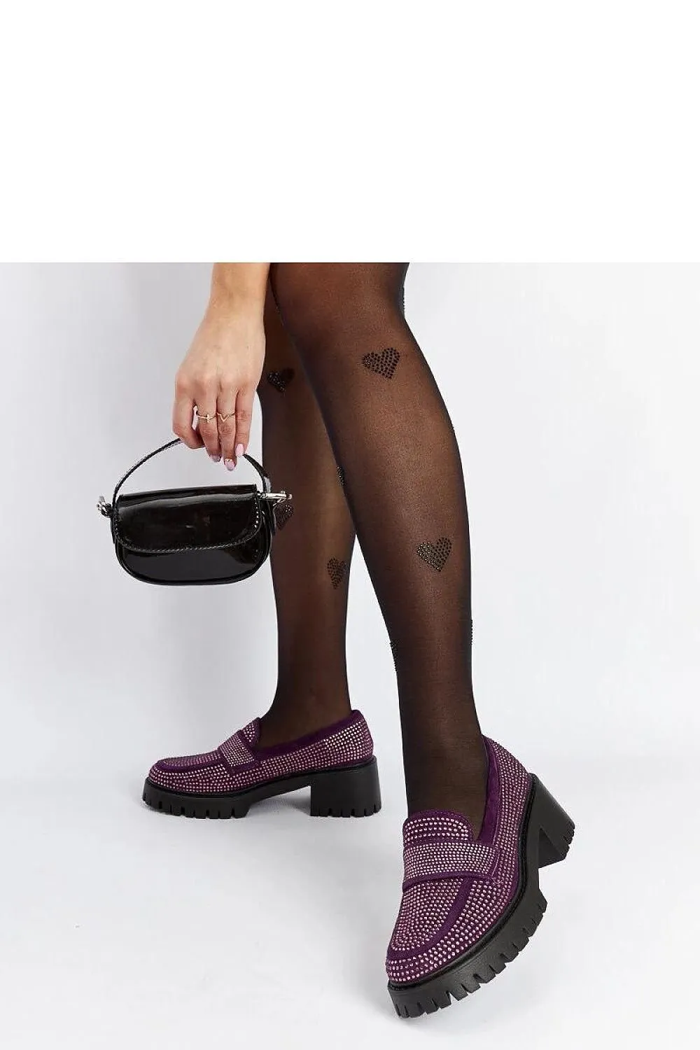 Purple moccasins on a chunky heel