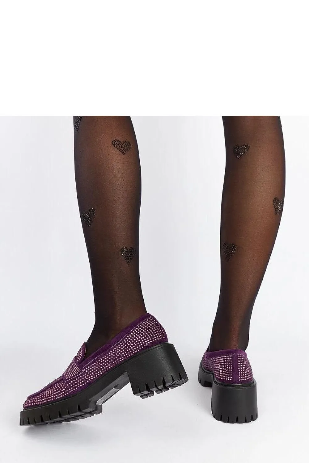 Purple moccasins on a chunky heel